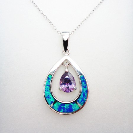 Blue Fire Opal Teardrop Pendant with Purple CZ Drop - Click Image to Close